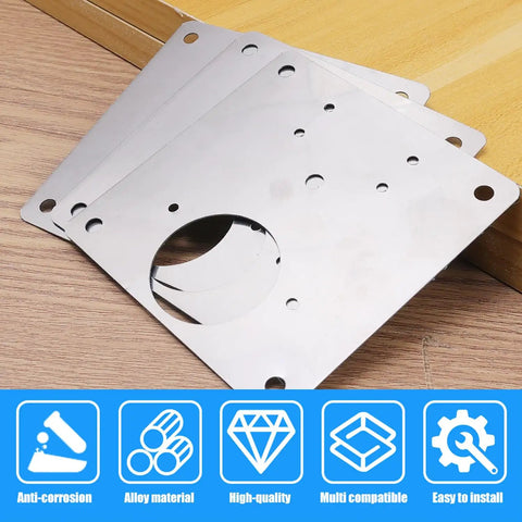 Heavy Duty Stainless Steel Cabinet Hinge Repair Plate Kit With Five Pre Drilled Holes And Matching Screws No Sweat Quick Fix for Busted Wooden Door Hardware on Kitchen Cabinets Today - showing steel plates layout.