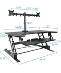 Dual Monitor Standing Desk Converter With 36 Inch Wide Surface Height Adjustable Riser Manual Lift Gas Spring Built In Two Monitor Mounts Sit Stand Desk Converter For Two Screens Up To 32 Inches Black with measurement details.
