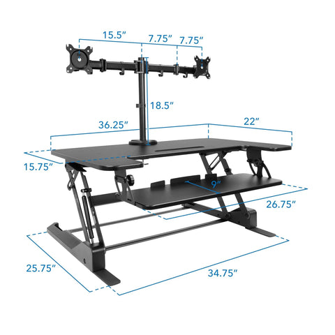 Dual Monitor Standing Desk Converter With 36 Inch Wide Surface Height Adjustable Riser Manual Lift Gas Spring Built In Two Monitor Mounts Sit Stand Desk Converter For Two Screens Up To 32 Inches Black with measurement details.