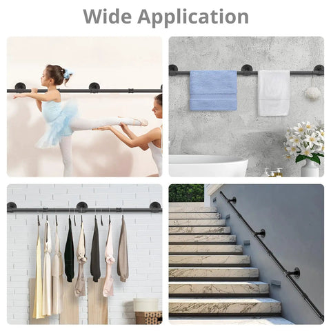 Straight Up Reliable Black Industrial Pipe Handrail Heavy Duty Steel Staircase Banister used for ballet support and towel hanging.