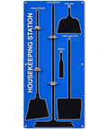 5S Shadow Board For Cleaning Tools, Aluminum Broom Station Organizer, Industrial Tool Rack Board, 63.5 By 26.5 Inches, Space Saving Janitorial And Housekeeping Supply For Factory Floor And Warehouse with labeled broom and dustpan slots