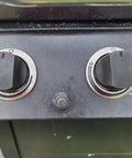 Gas grill control panel with knobs and Four Outlet AA Battery Push Button Spark Generator Igniter For Grills Easy Replacement With Chrome Cap CSA Certified Durable BBQ Spark Generator For Amana Brinkmann Charbroil Kenmore Master Forge Uniflame More installed