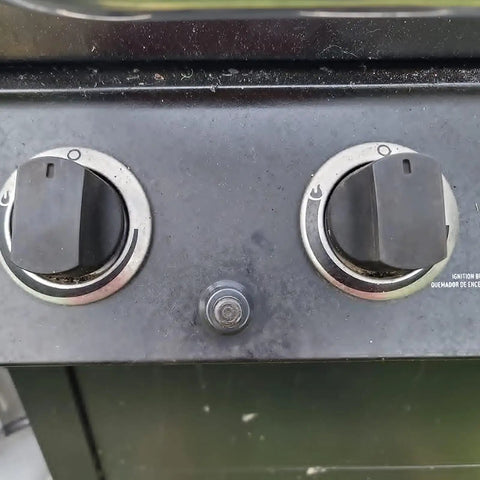 Gas grill control panel with knobs and Four Outlet AA Battery Push Button Spark Generator Igniter For Grills Easy Replacement With Chrome Cap CSA Certified Durable BBQ Spark Generator For Amana Brinkmann Charbroil Kenmore Master Forge Uniflame More installed
