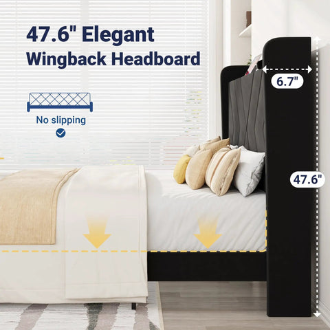 Straight Up Comfortable Full Bed Frame With Built In Charging Station And Storage Shelf Sleek Black Velvet Wingback Headboard 47.6 inches