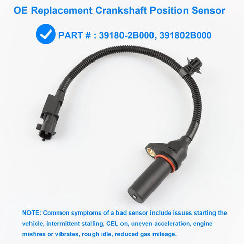 Crankshaft Position Sensor Replacement For Hyundai And Kia Drop-In Plug And Play Direct Fit 391802B000 39180-2B000, black sensor with wiring harness