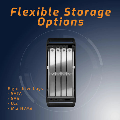Goes Hard Eight Bay External Storage Enclosure features eight drive bays for SATA, SAS, U.2, and NVMe storage.