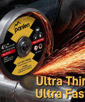 Close-up of angle grinder cutting metal with Ten Pack Four And A Half Inch Metal Cut Off Discs For Angle Grinder Thin Stainless Steel Cutting Wheels Durable Aluminum Oxide Abrasives With Fast Cutting Action And Long Lasting Life.
