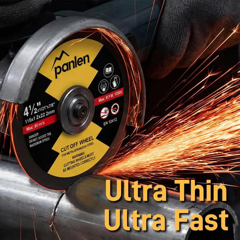 Close-up of angle grinder cutting metal with Ten Pack Four And A Half Inch Metal Cut Off Discs For Angle Grinder Thin Stainless Steel Cutting Wheels Durable Aluminum Oxide Abrasives With Fast Cutting Action And Long Lasting Life.