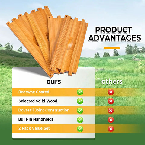 Two Pack 10 Frame Langstroth Medium Beehive Supers Kit with beeswax cedar boards and product advantages chart
