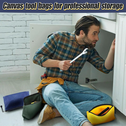 Man using Durable Canvas Tool Bags 4 Pack 11.2 By 7 Inch Heavy Duty Zipper Pouches for storing tools during home repair.