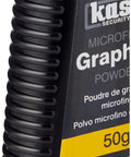 Close-up of 50g container of graphite powder for dry lubrication of locks and padlocks, greaseless odorless formula with fine dispensing spout