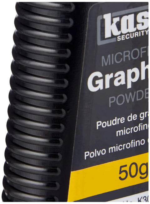 Close-up of 50g container of graphite powder for dry lubrication of locks and padlocks, greaseless odorless formula with fine dispensing spout