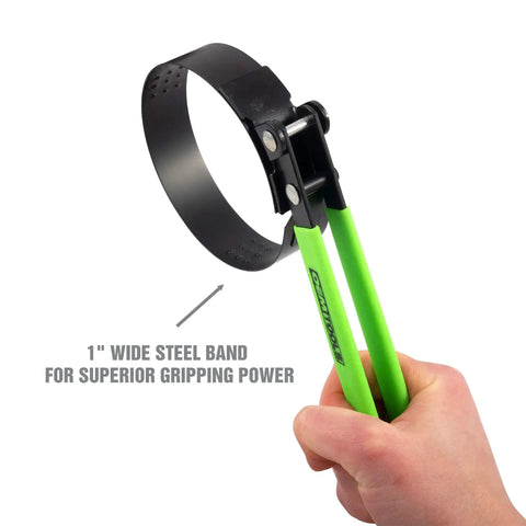 Adjustable Oil Filter Wrench For Spin On Filters Two And Three Quarters To Three And One Quarter Inches, green handle