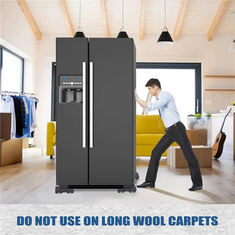 Man using heavy duty furniture lifters on a modern fridge; 5-piece set for smooth moving; ideal for washers too.