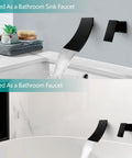 Matte Black Wall Mount Bathroom Faucet With Single Handle Dope Modern Waterfall Tub Faucet Independent Switch, used in a bathroom sink and tub.