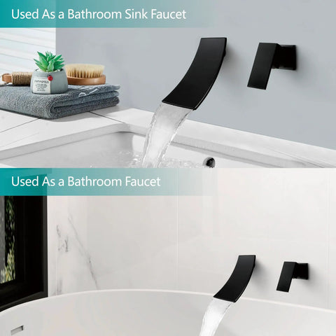 Matte Black Wall Mount Bathroom Faucet With Single Handle Dope Modern Waterfall Tub Faucet Independent Switch, used in a bathroom sink and tub.