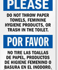 Please Do Not Flush Paper Towels Or Trash In The Toilet Bilingual Sign 7x10 HDPE, front view