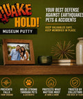 Neutral Museum Putty 2.64 Oz No Mess No Fuss To Keep Antiques And Collectibles From Falling Easy To Apply Non Toxic No Residue Reusable showing shelf with framed photo and decor secure.