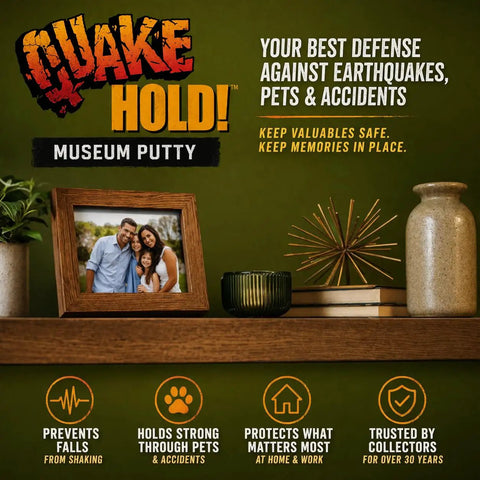 Neutral Museum Putty 2.64 Oz No Mess No Fuss To Keep Antiques And Collectibles From Falling Easy To Apply Non Toxic No Residue Reusable showing shelf with framed photo and decor secure.