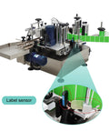 Hustle Ready High Speed Round Bottle Labeling Machine For Cosmetics Food And Drinks With Desktop Conveyor and Catch Tray shown with label sensor.