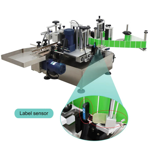 Hustle Ready High Speed Round Bottle Labeling Machine For Cosmetics Food And Drinks With Desktop Conveyor and Catch Tray shown with label sensor.