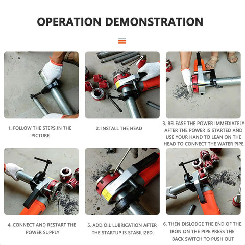 Operation demonstration for Electric Pipe Threader Machine With 2300 Watt Motor And Four Carbon Steel Dies for threading pipes.