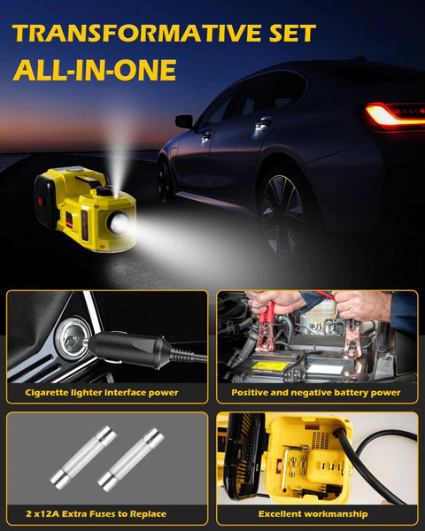 Electric car jack kit, yellow 5-ton 12V with LED light and digital display; includes inflator and E-Impact wrench