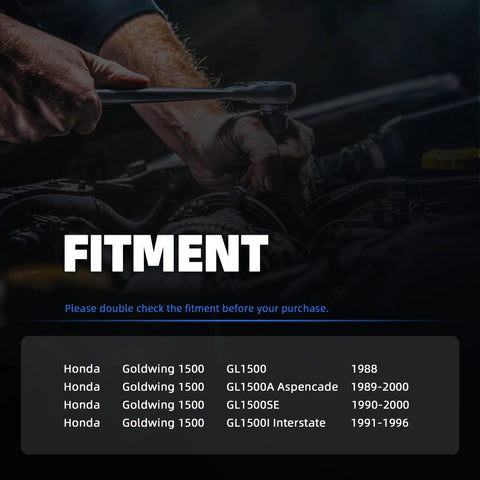 Person using wrench on engine with text: Fitment chart for Honda Gold Wing 1500, GL1500 Aspencade, SE, Interstate 1988-2000