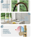 Brushed Gold Kitchen Faucet With Soap Dispenser And Deck Plate For RV And Farmhouse Sinks, close-up of spring design and controls