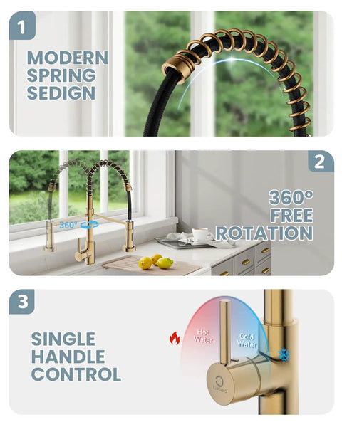 Brushed Gold Kitchen Faucet With Soap Dispenser And Deck Plate For RV And Farmhouse Sinks, close-up of spring design and controls