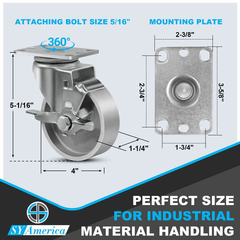4 Inch Heavy Duty Casters Set Of 4 With Swivel Brake Wheels showing detailed dimensions and mounting plate for industrial application.