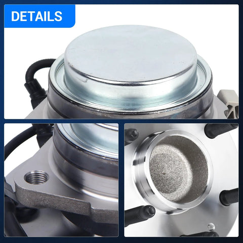 Close-up of 2WD Front Wheel Bearing And Hub Assembly For Chevy Tahoe Silverado Suburban Avalanche Express 1500 2500 GMC Yukon XL 1500 Sierra Savana And Cadillac Escalade Direct Fit Replacement For Easy Install showing stainless steel material with detailed view of lug holes.