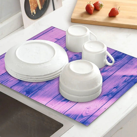 Light Purple Wood Grain Dish Drying Mat For Kitchen Counter Super Absorbent Microfiber Surface Machine Washable Rack Pad 16x18 Inch