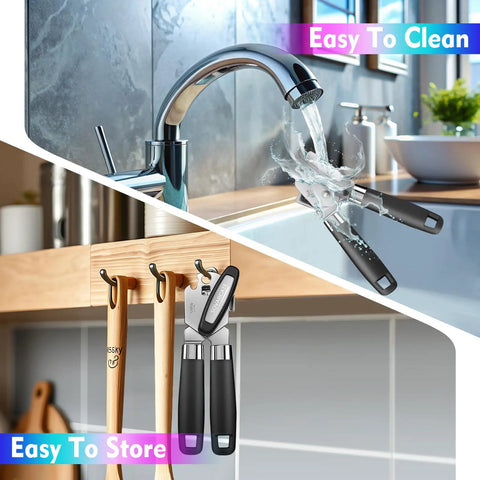 Manual Can Opener Heavy Duty Multifunction with Magnet Lift Plus Ergonomic Curved Handle, shown being rinsed and hung