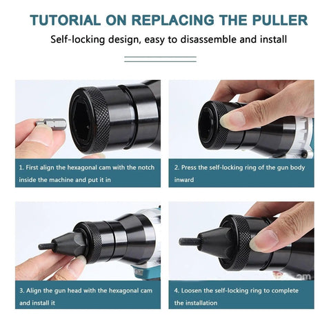 Tutorial for Brushless Cordless Rivet Nut Tool Electric Pull Riveter Gun With M3 To M12 Threads showing installation steps.