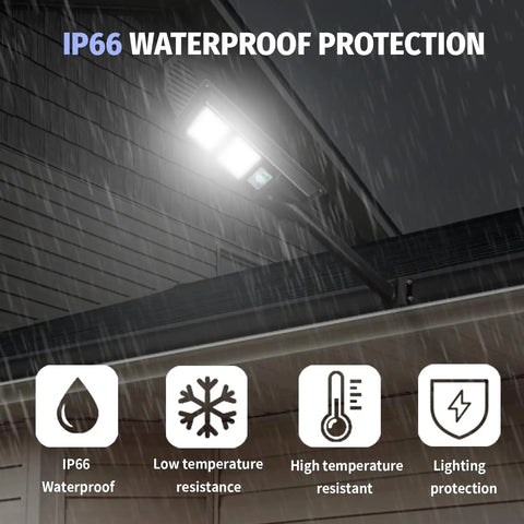 Lit Solar Street Lights Outdoor Waterproof 30000LM Flood Lights 6000K Daylight installed on a roof during rain showcasing waterproof feature