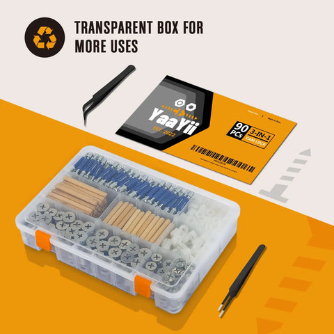 Top Shelf Cam Lock Furniture Hardware Kit 380 Pieces With Zinc Cam Bolts Expansion Pins And Wood Dowels For Quick Cabinet Drawer Wardrobe Assembly And Custom Renovation Projects, transparent box with hardware.