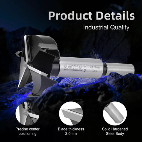 Top Shelf 35mm Carbide Forstner Drill Bit With Triple Flute Design, 44.5mm cutter, hardened steel, precision boring tool.