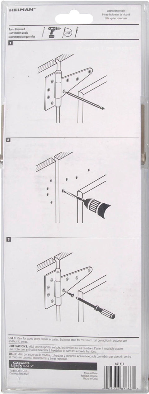 Installation guide for Heavy Duty T Hinges in Stainless Steel for Narrow Frames and Posts 8 Inch with offset staggered screw holes.