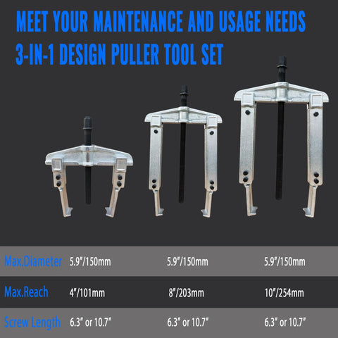 3 In 1 Gear Puller Set With 9 Piece Beefy Heavy Duty Cr V Steel Pro Grade Kit showing three reversible 2 jaw pullers