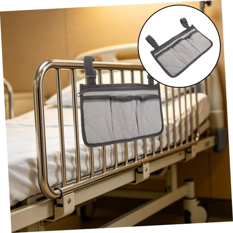 Bed Rail Organizer With Four Pockets And Cup Holder, Ultra Handy Bedside Storage Caddy for hospital rails in grey with dark grey edging.