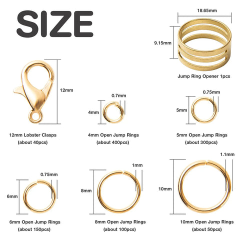 Over 1000 Open Jump Rings Kit With 40Pcs 12Mm Lobster Clasps And Jump Ring Opener For Jewelry Making Projects, sizes shown
