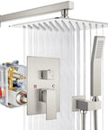 10 Inch Rainfall Shower Head and Wall Mounted Handle Set in Brushed Nickel Solid Brass Pressure Balancing Shower Mixer Valve Complete Shower System for Spa Like Showers No Fuss Install with visible water streams and valve details.