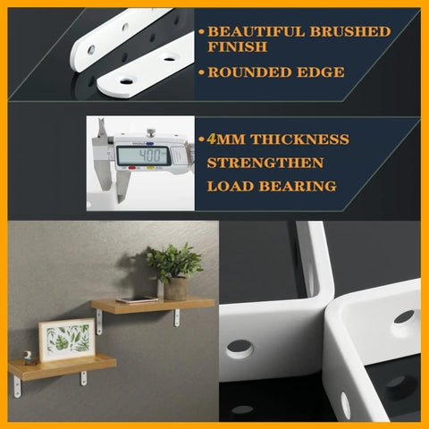 Heavy Duty White Floating Shelf Brackets 4 Pack L Brackets For Wall Mounted Storage showing 4mm thick steel and sleek finish.