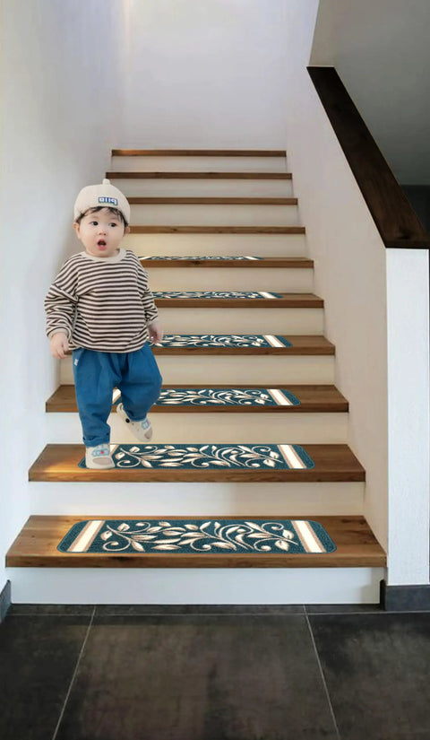 Anti Slip Stair Treads For Pets And Kids, Non Slip Stair Mats With Rubber Backing, Floral Turquoise Design, Durable Safe Grip, Easy Install, Pet Friendly Stair Grippers Set Of 15