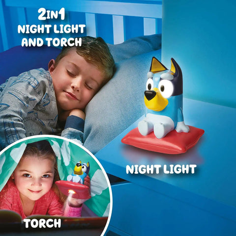 Child asleep with Bluey Nightlight For Kids 2 In 1 Toddler Lamp And Flashlight With Auto Off Timer Kid Friendly Cozy Glow nearby
