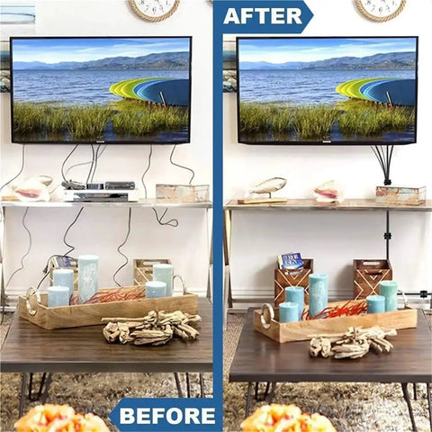 Before and after image showing organized cables using Heavy-Duty Adhesive Cable Tie Mounts 400 Pack Self-Adhesive Wire Clips.