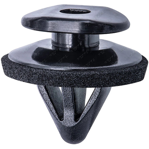 Close-up of black plastic fender trim retainer with sealer