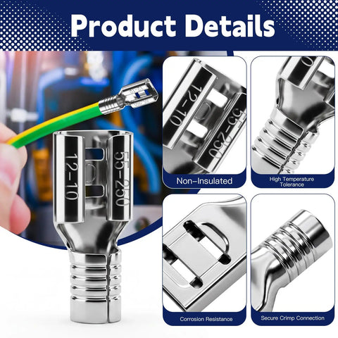 100 Piece Heavy Duty Female Spade Connectors 12 To 10 Gauge Non Insulated Crimp Terminals showing secure crimp design and high temperature tolerance.