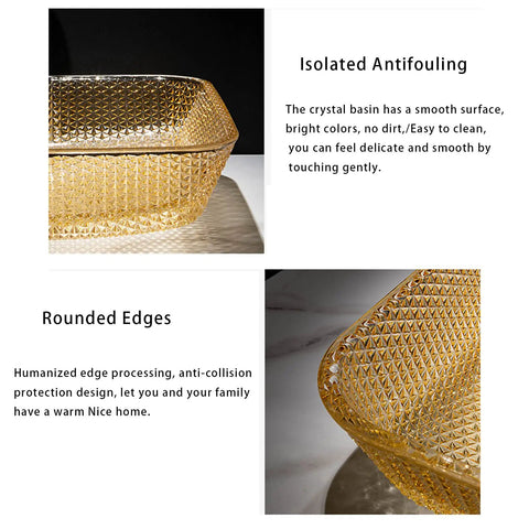 USZWBY Yellow Square Shape Tempered Glass Bathroom Vessel Sink with Waterfall Tap Modern Artistic Vessel Sink with Pop Up Drain, Counter Top Installation, detailed view of crystal surface and rounded edges.